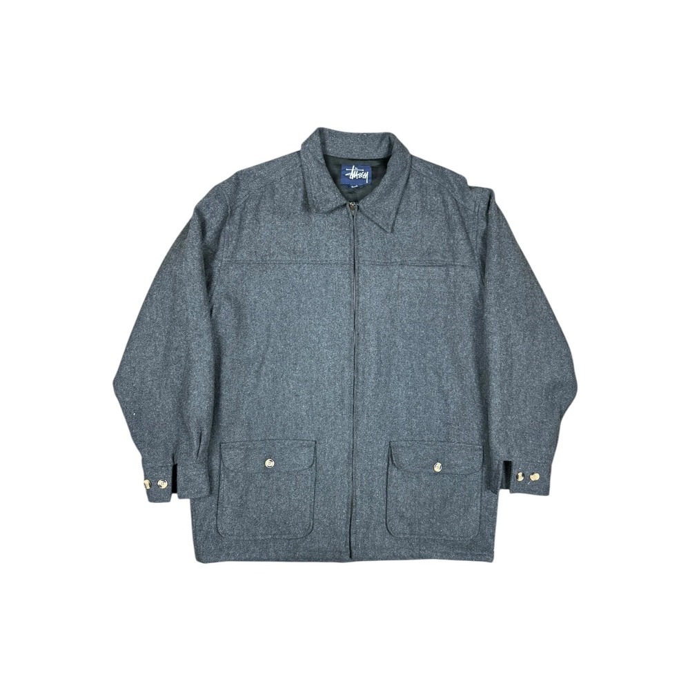 Stussy Wool Jacket Mens Large Grey Good 90s Vintage Full Zip Workwear Coat